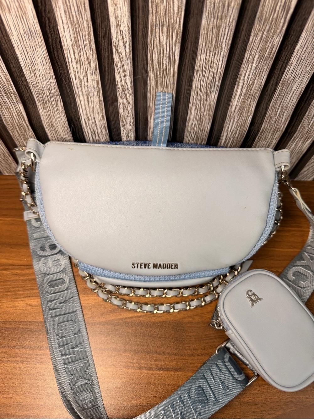 Steve Madden Light Blue Embellished Crossbody Bag with Chain Detail - Picture 14 of 16